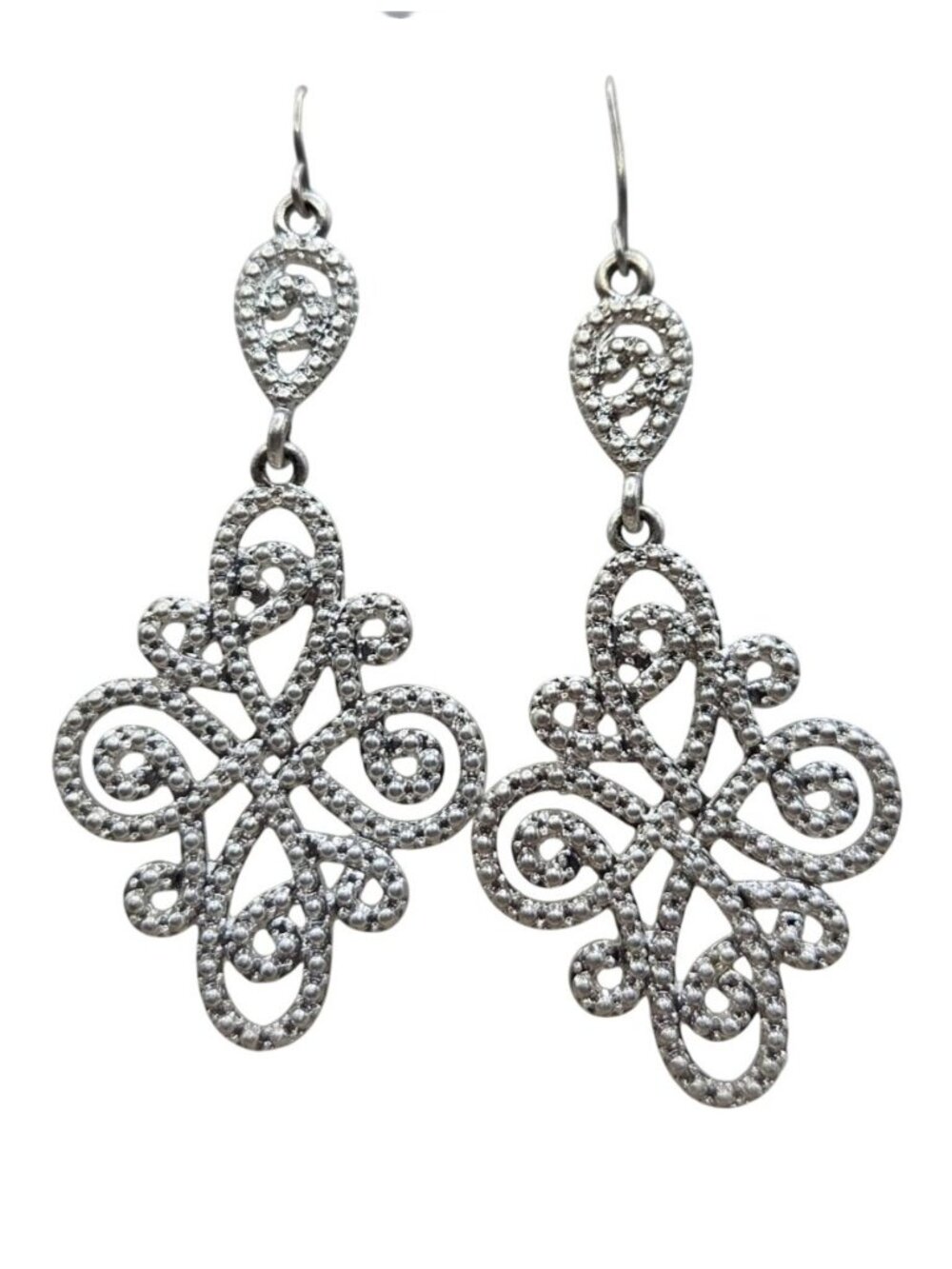 Silver-Tone Filigree Dangle Earrings With Hook Closure